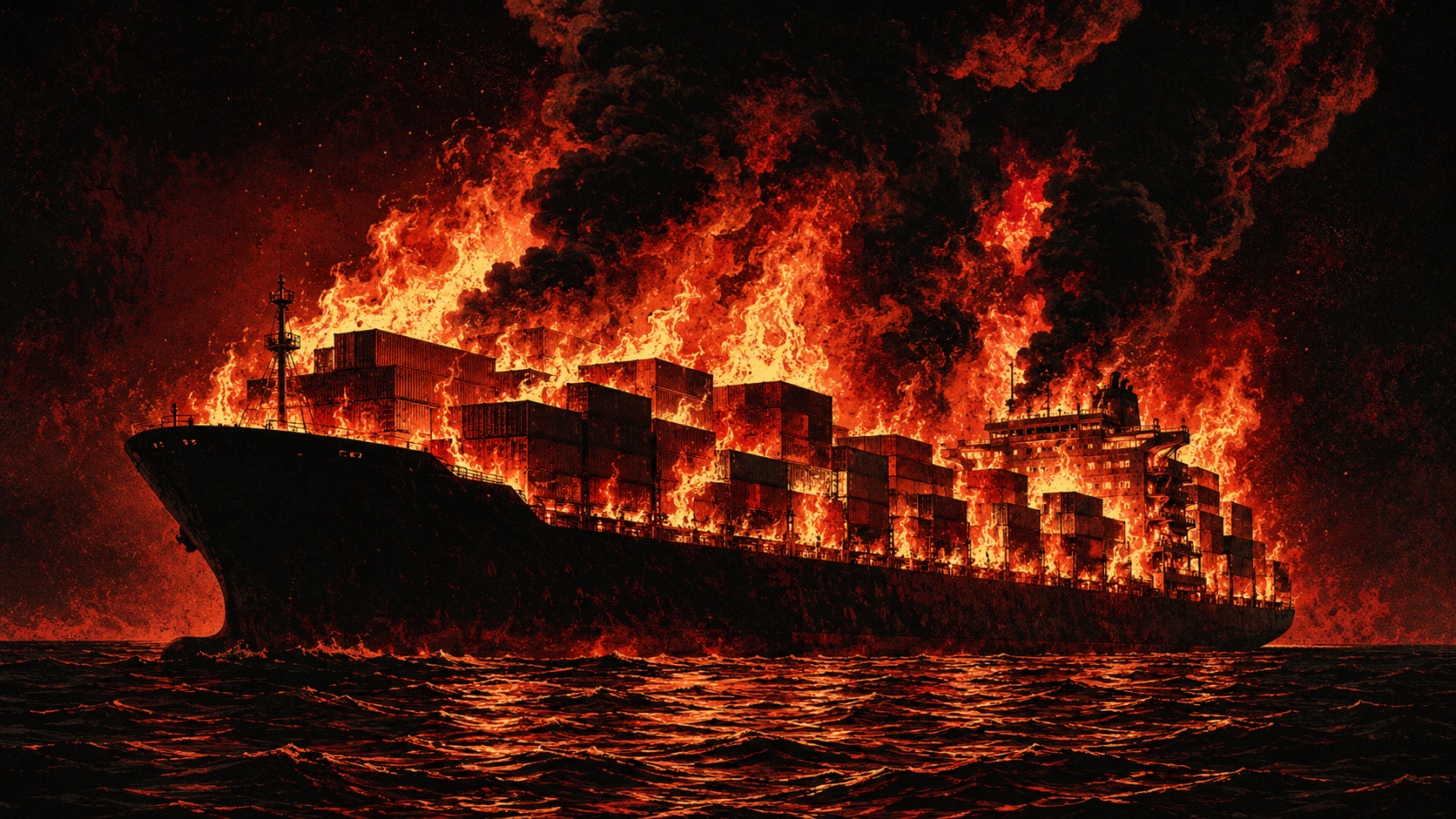 A cargo ship engulfed in flames at sea