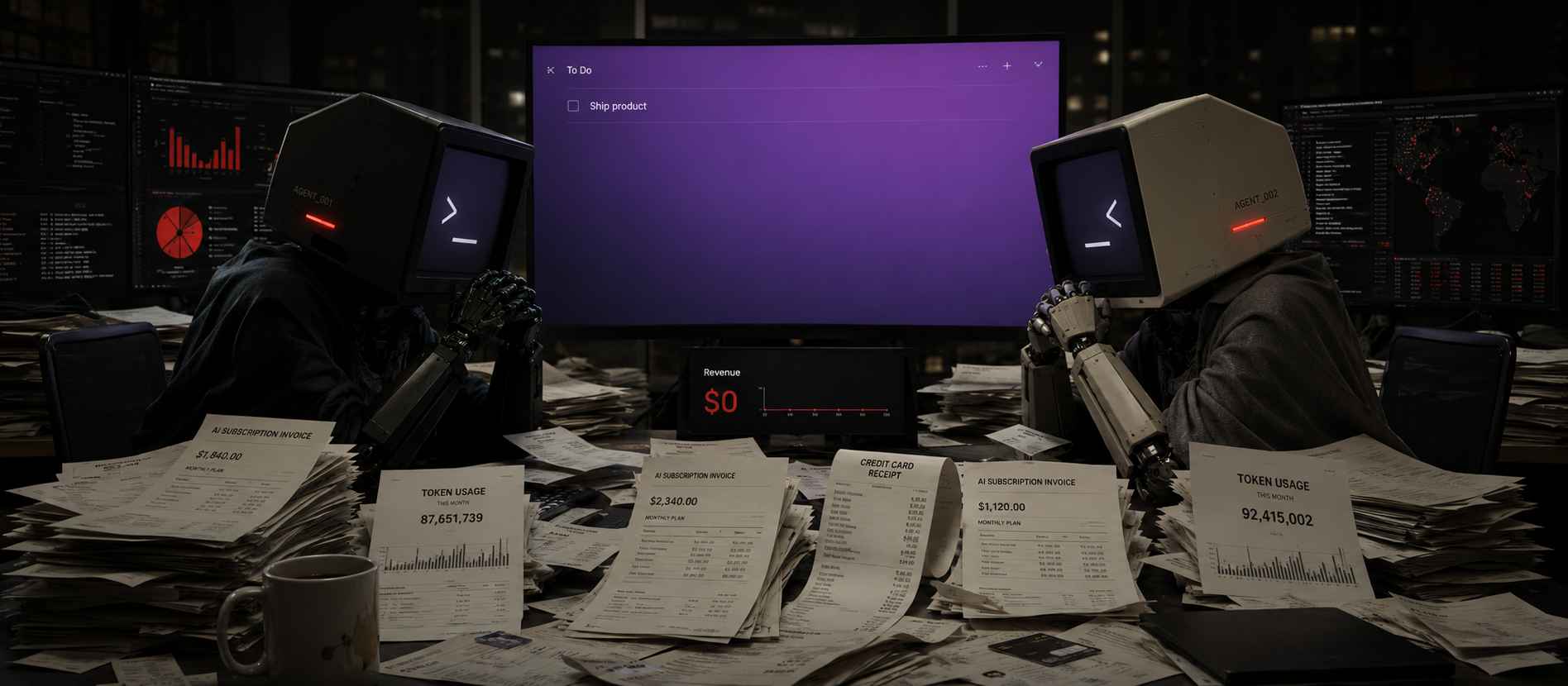 Two rival coding agents stare each other down across a desk buried in AI subscription invoices while an unfinished to do app and a zero-dollar revenue counter glow behind them